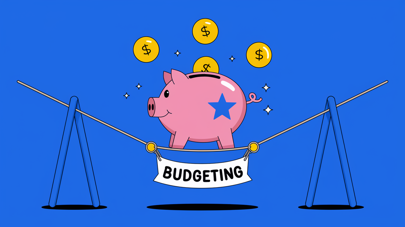 Block illustration of a piggy bank balancing on a tightrope with a "Budgeting" banner, symbolizing financial stability.