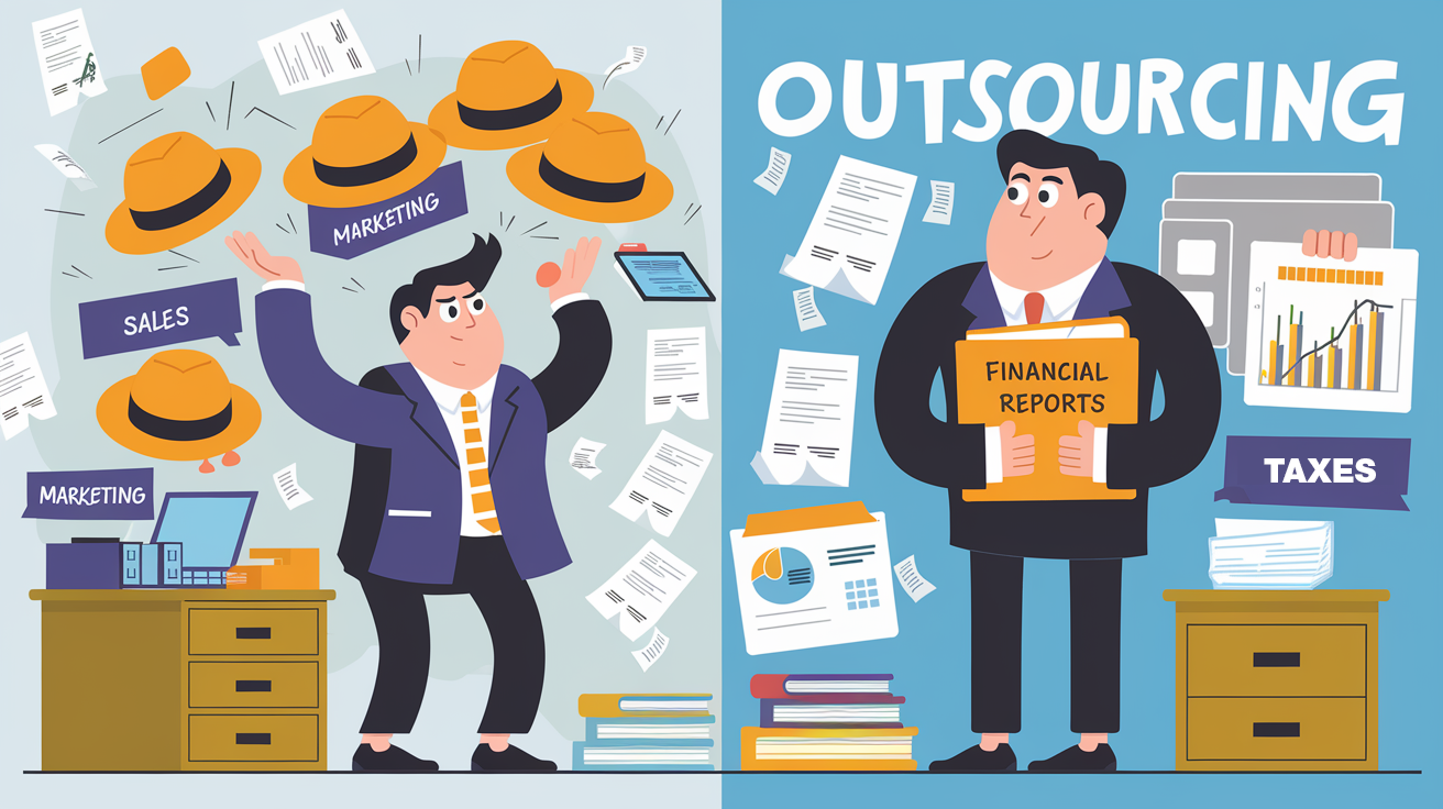 Block illustration of a stressed business owner contrasted with a calm accountant, representing the benefits of outsourcing accounting.
