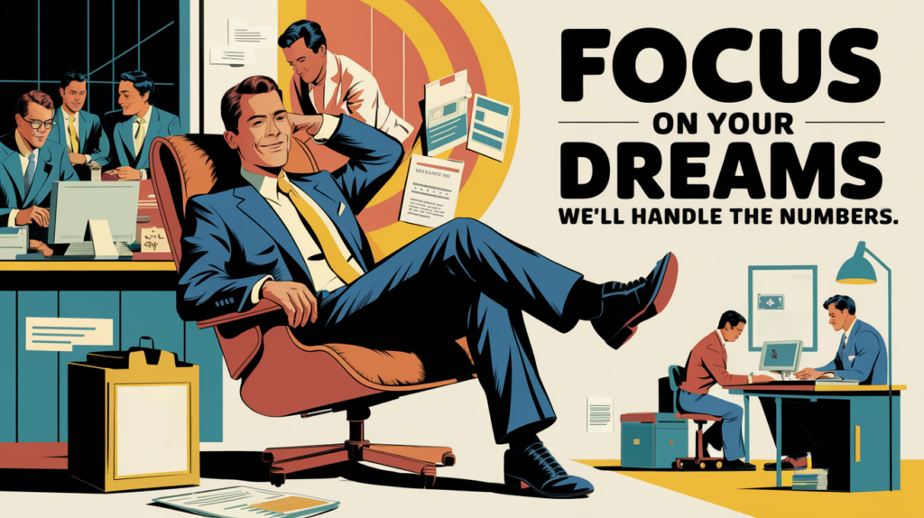 A vintage-style illustration of a relaxed business owner with accountants working in the background.