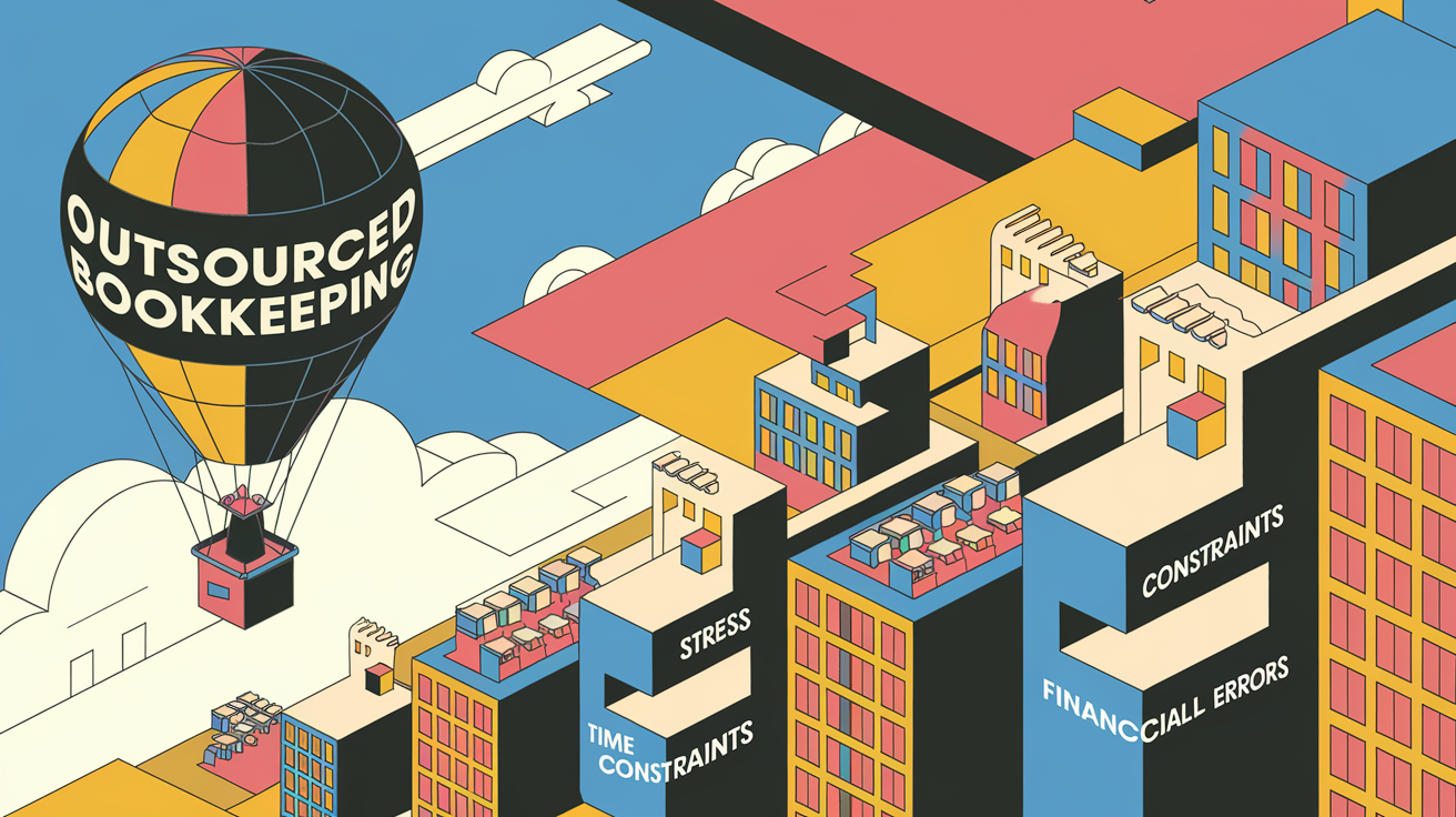 A hot air balloon labeled "Outsourced Bookkeeping" rising above a city.