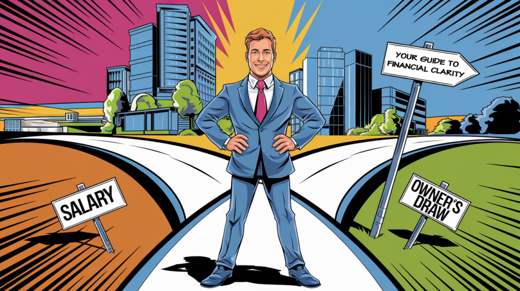 Business owner at a crossroads choosing between "Salary" and "Owner's Draw."
