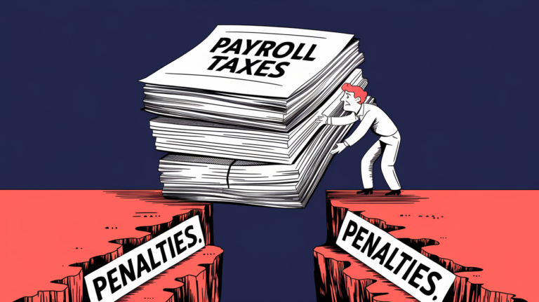 A stack of papers labeled "Payroll Taxes" about to fall into a chasm.