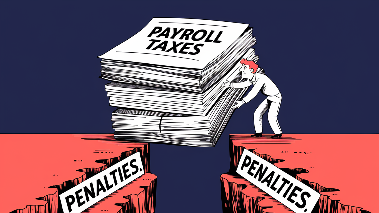 A stack of papers labeled "Payroll Taxes" about to fall into a chasm.
