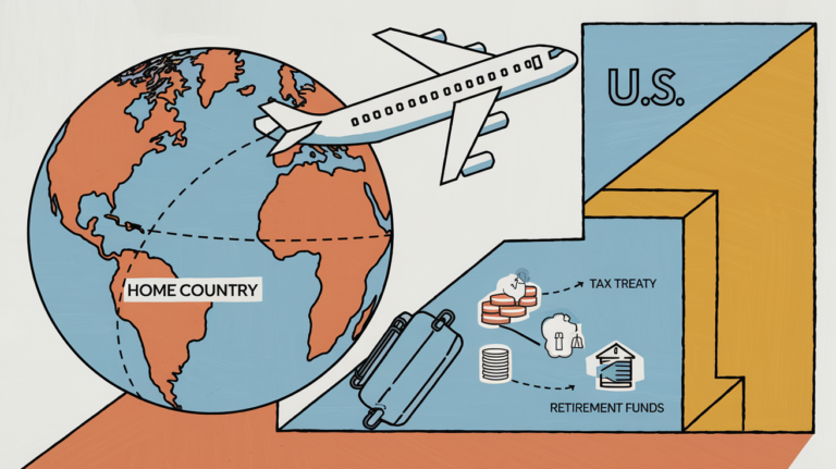 A globe with an airplane flying from "Home Country" to "U.S." carrying a suitcase with "Assets," "Tax Treaty," and "Retirement Funds."