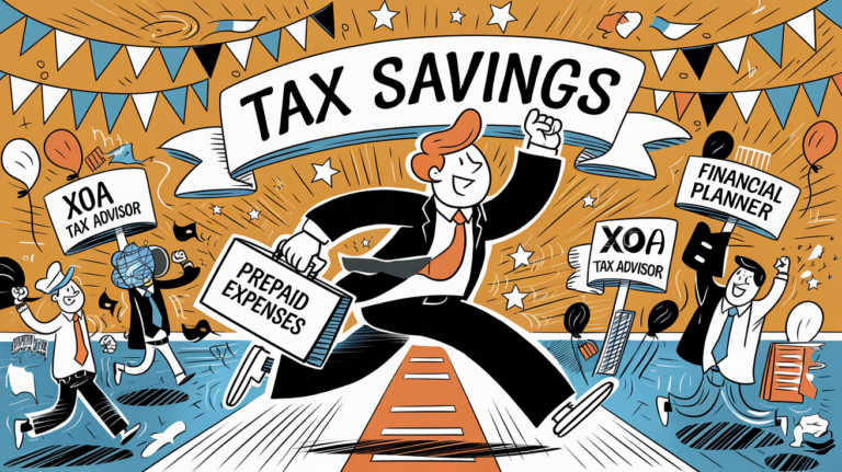 An advertising illustration of a business owner confidently achieving tax savings with the help of prepayment strategies and expert advice.