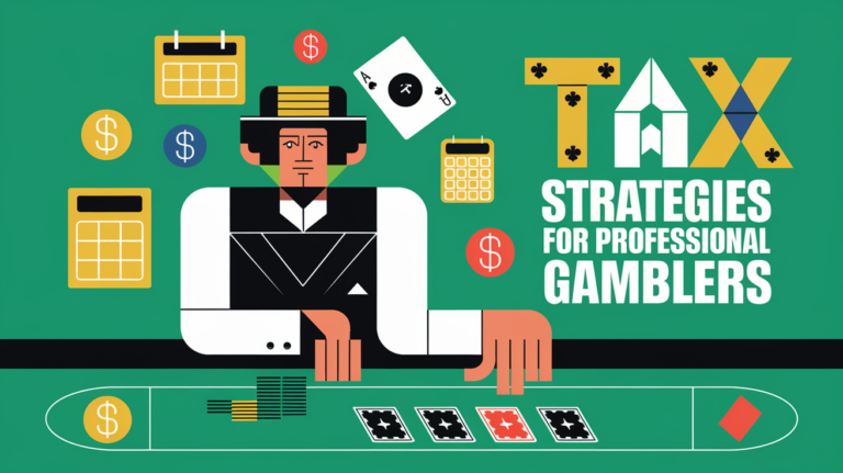 A graphic illustration of a poker player surrounded by tax-related icons.