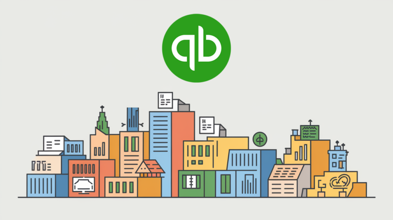 A stylized cityscape with icons representing QuickBooks Online features.