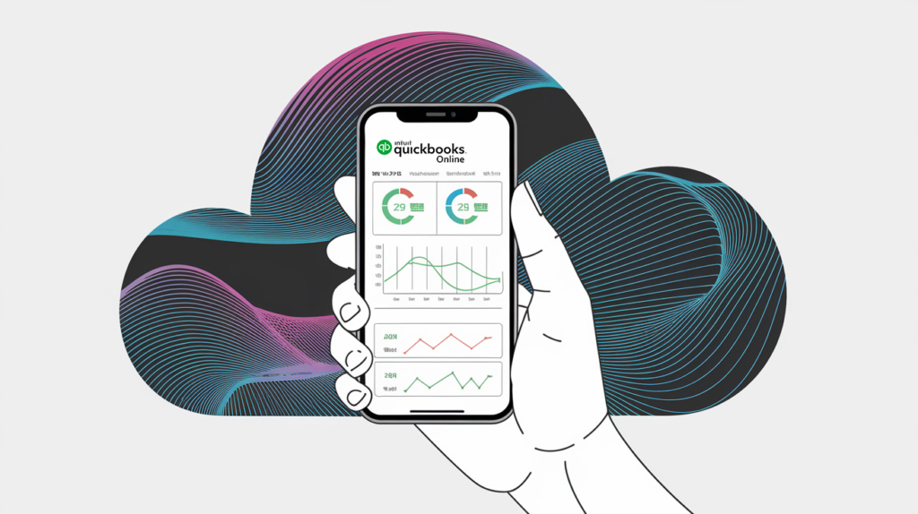 Line art of a hand holding a phone with QuickBooks Online dashboard.