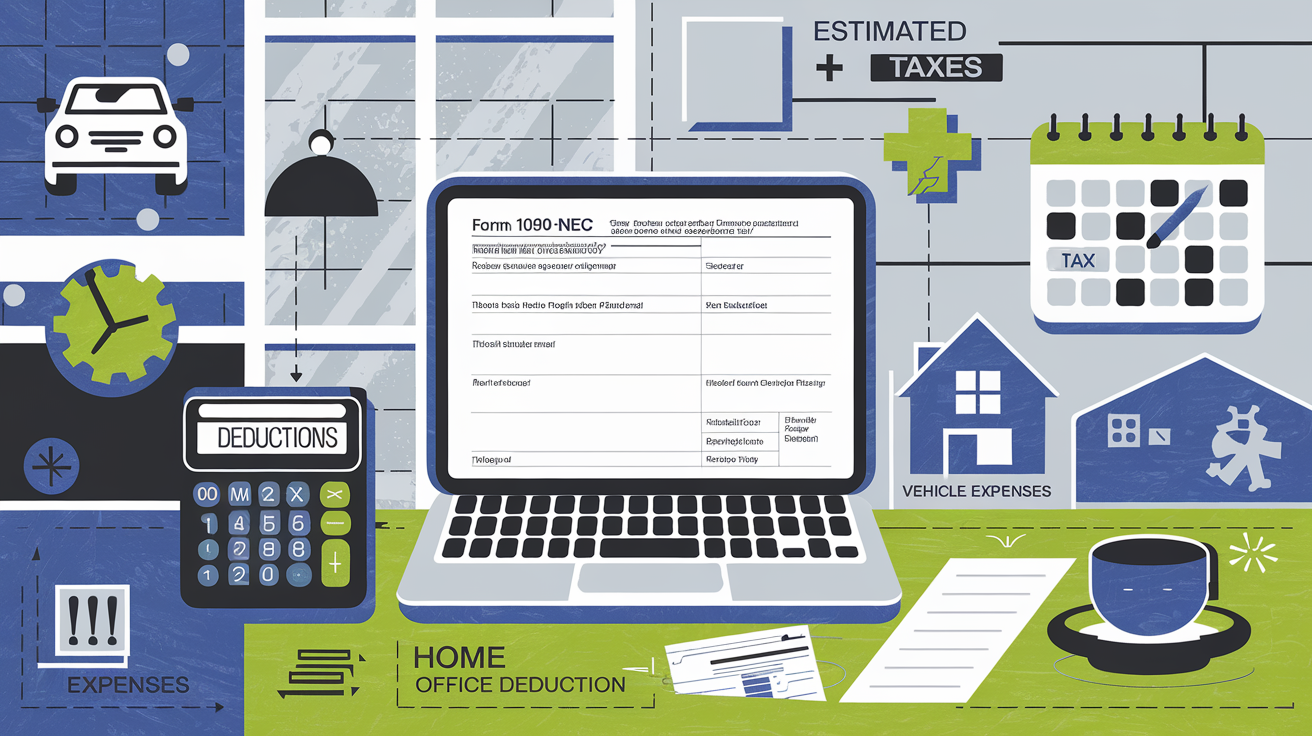 A block illustration depicting a real estate agent's workspace with tax-related elements.