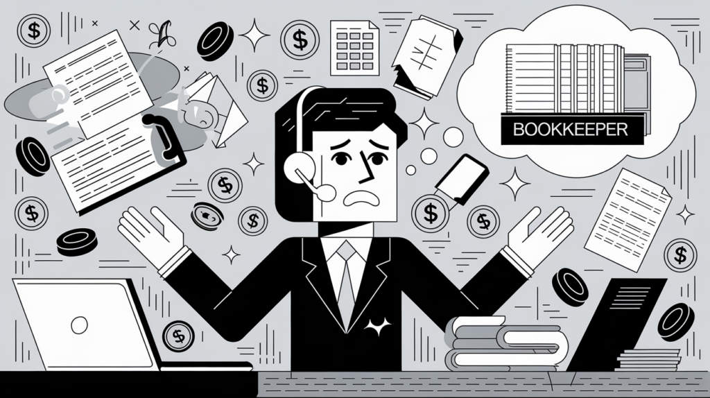 A small business owner juggling multiple tasks while thinking about hiring a bookkeeper.