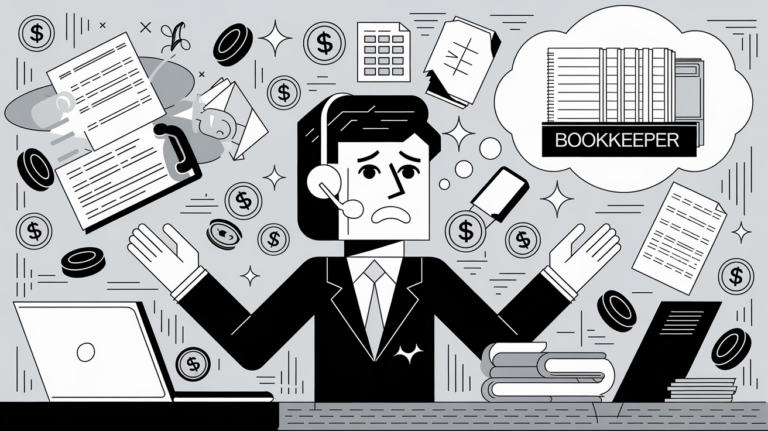 A small business owner juggling multiple tasks while thinking about hiring a bookkeeper.
