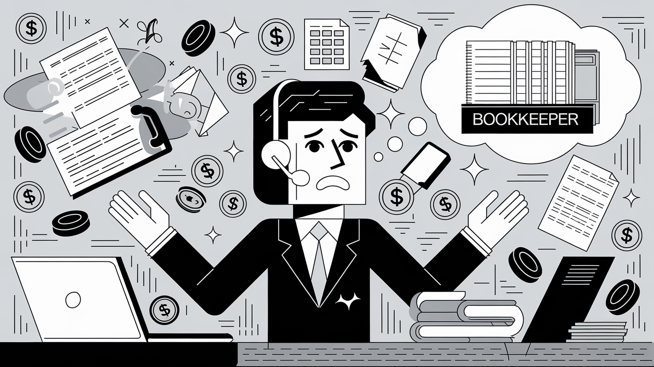 A small business owner juggling multiple tasks while thinking about hiring a bookkeeper.