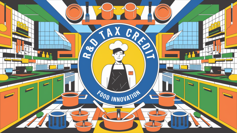 A block illustration of a chef surrounded by icons representing food innovation, R&D, and tax breaks.