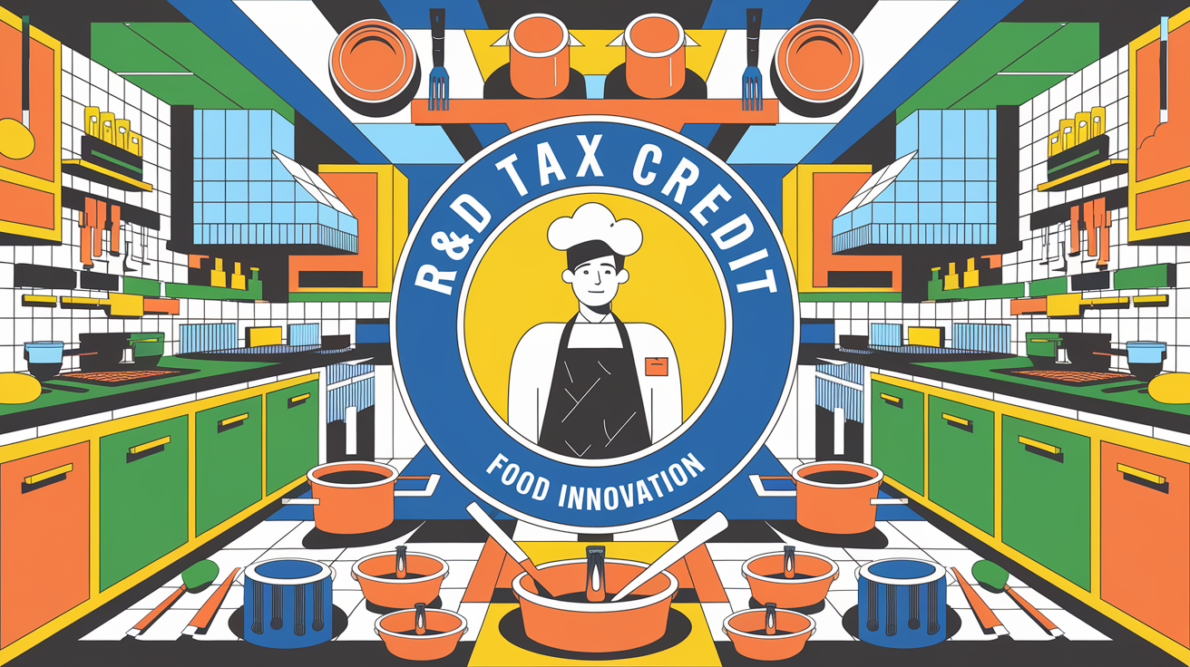 A block illustration of a chef surrounded by icons representing food innovation, R&D, and tax breaks.