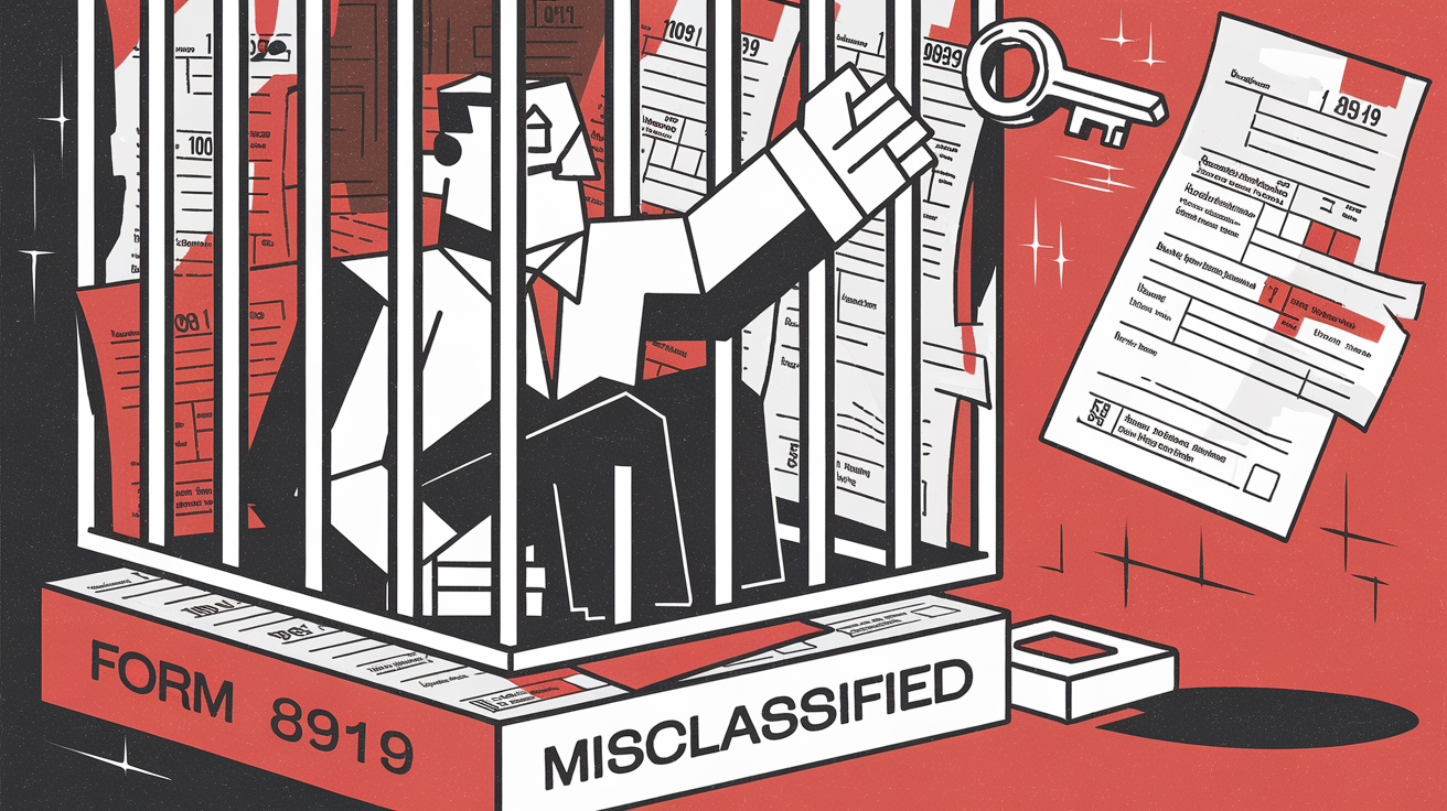 A worker trapped in a cage of tax forms reaching for a key labeled "Form 8919.