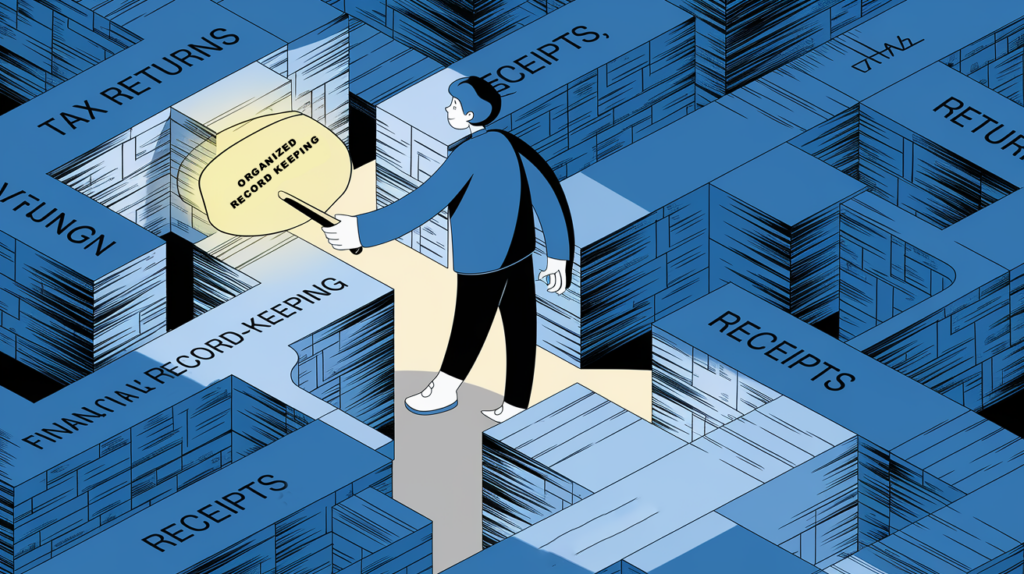 A person navigating a maze of documents using a key labeled "Organized Record-Keeping."