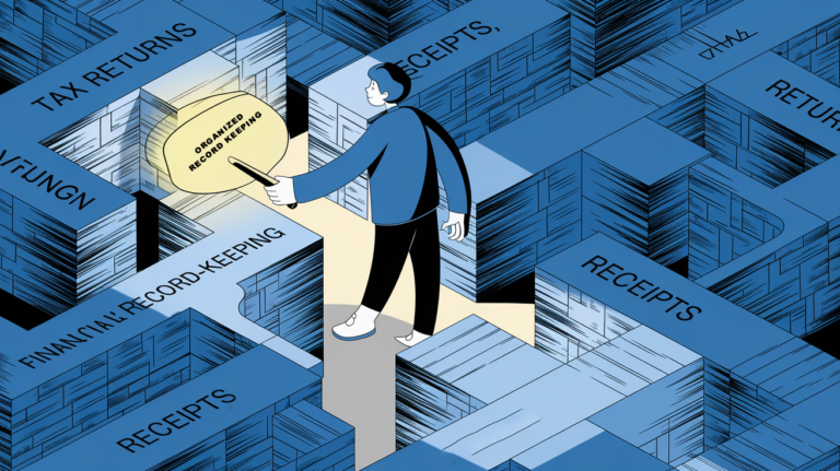 A person navigating a maze of documents using a key labeled "Organized Record-Keeping."