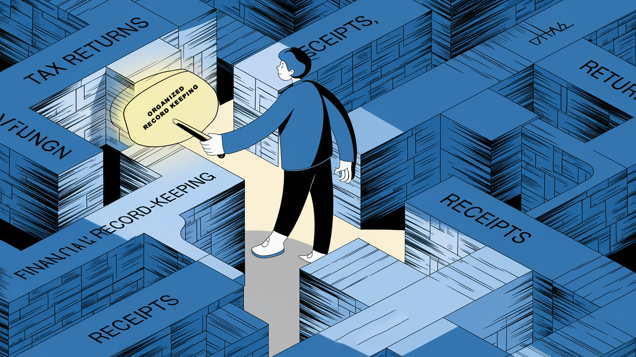 A person navigating a maze of documents using a key labeled "Organized Record-Keeping."