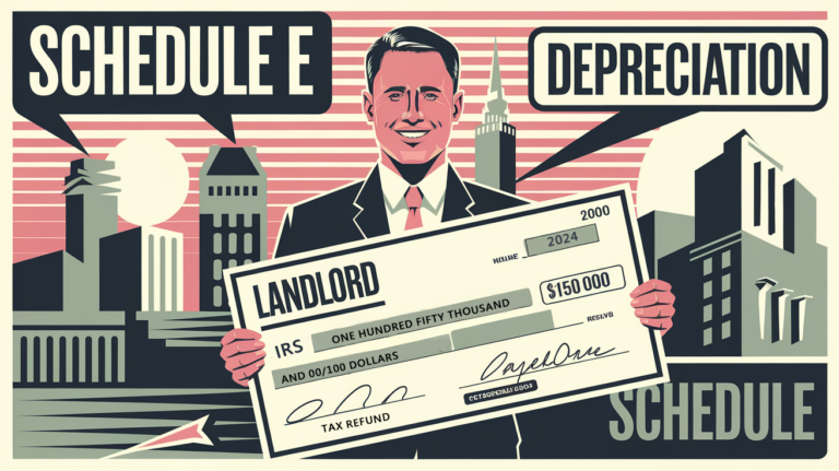 A stylized illustration of a happy landlord holding a large tax return check, with a cityscape in the background.