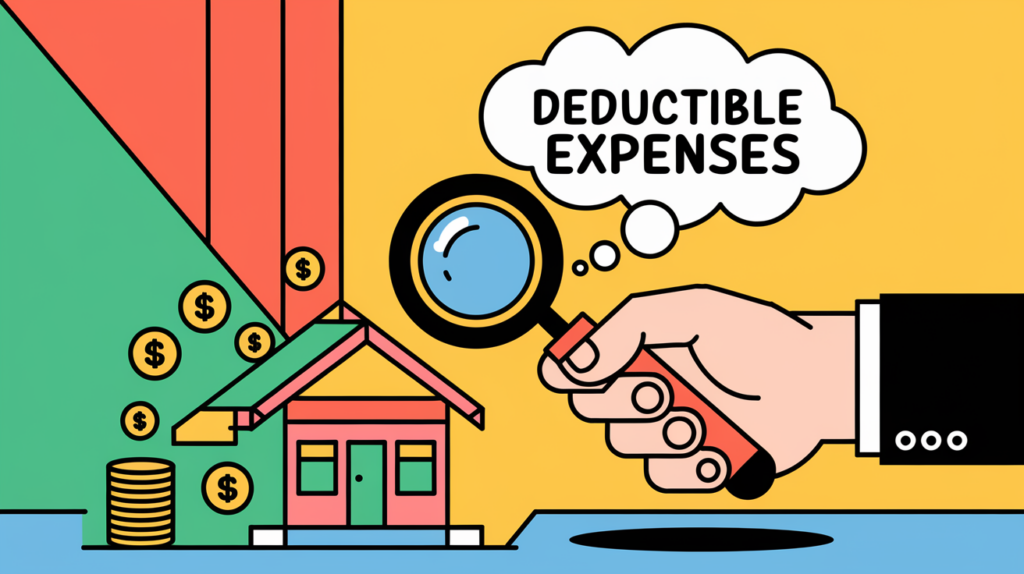 A landlord examines a rental property with a magnifying glass, symbolizing tax scrutiny.