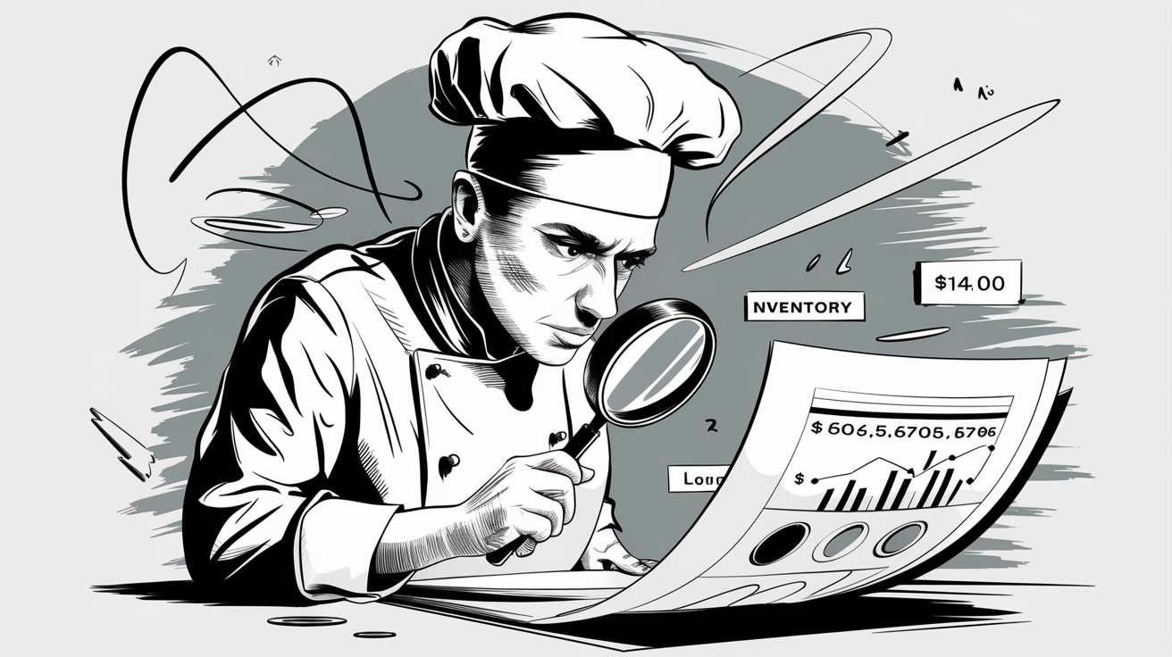 A chef carefully examines a balance sheet report.