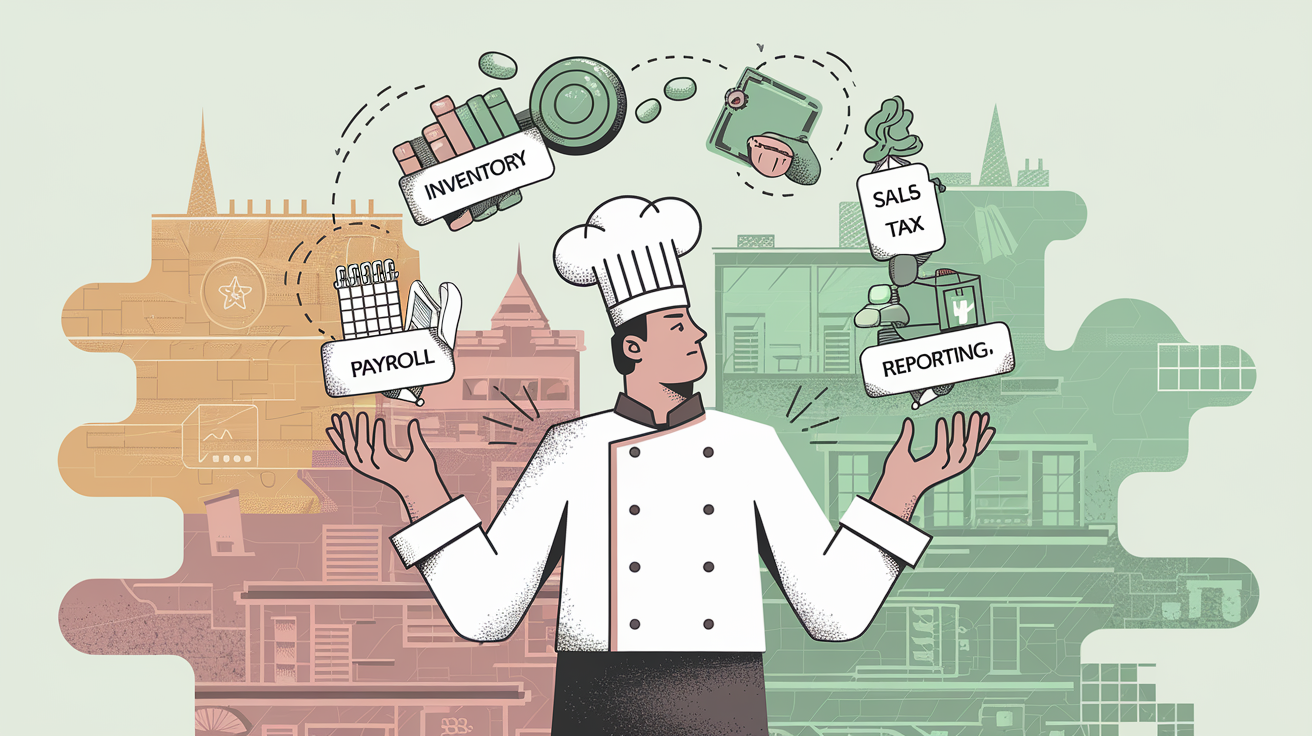 Watercolor illustration of a chef juggling bookkeeping tasks.