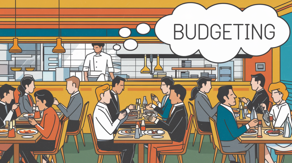 A colorful block illustration of a busy restaurant with the word "Budgeting" in a thought bubble.