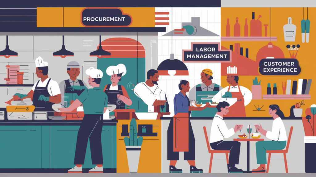 A vibrant block illustration of a busy restaurant, highlighting key elements of operations management.