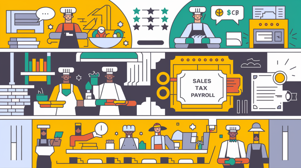 A block illustration depicting the key aspects of restaurant finances: sales tax, payroll, and compliance.