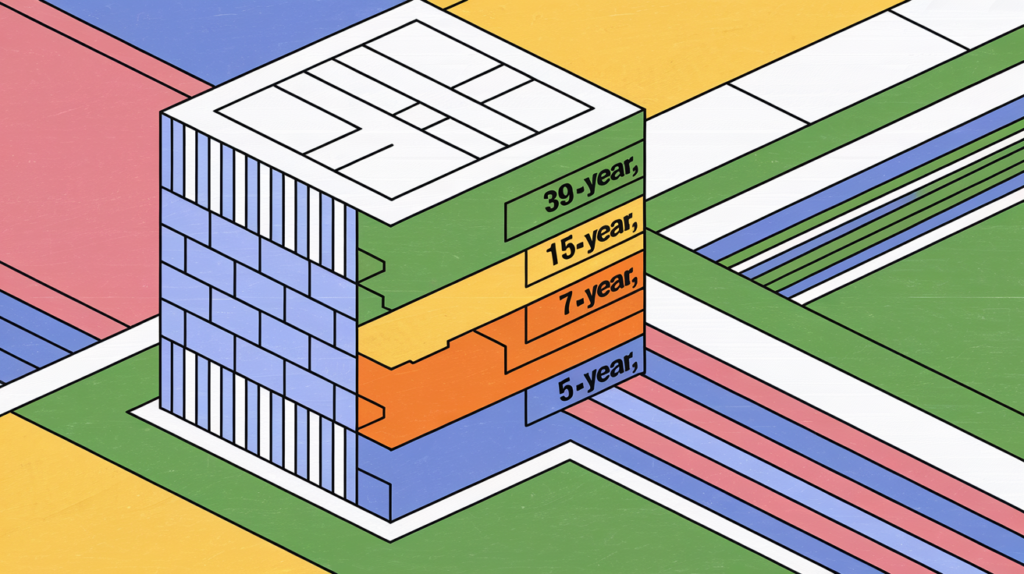 A stylized building divided into layers, each labeled with a different depreciation timeline.
