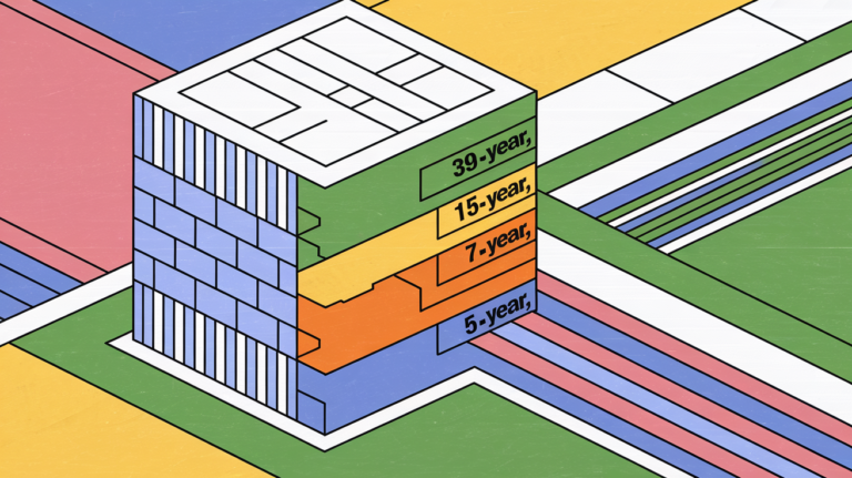 A stylized building divided into layers, each labeled with a different depreciation timeline.