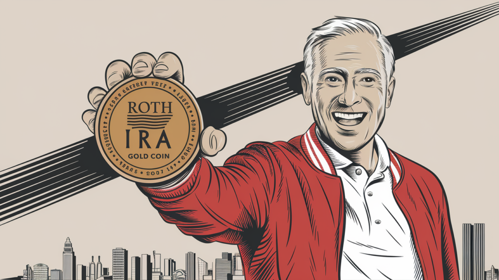 An advertising illustration of a cheerful retiree holding a "Roth IRA" gold coin, emphasizing the financial security and happiness associated with this retirement plan.