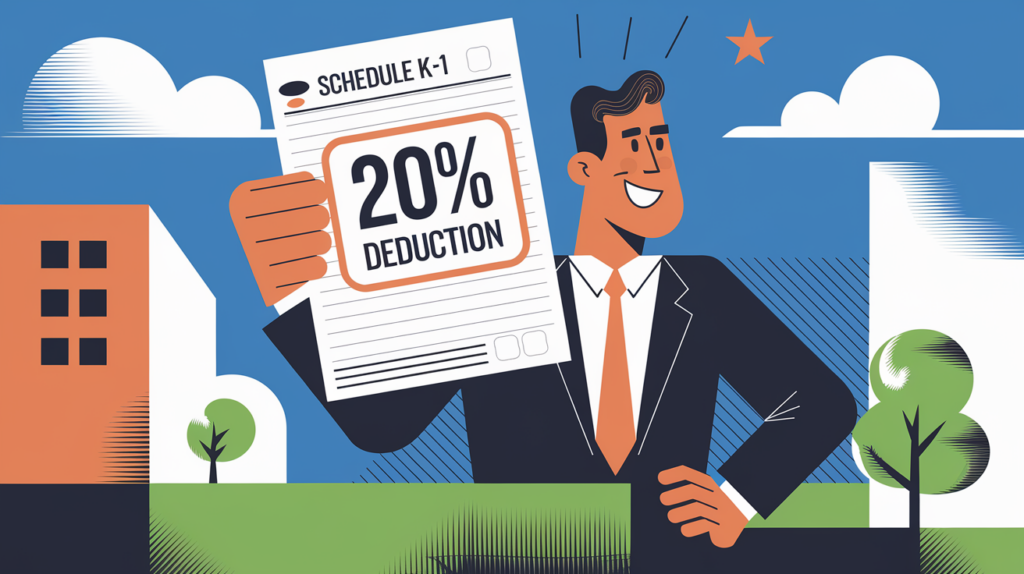 Business owner holding "Schedule K-1" with "20% QBI Deduction" highlighted.