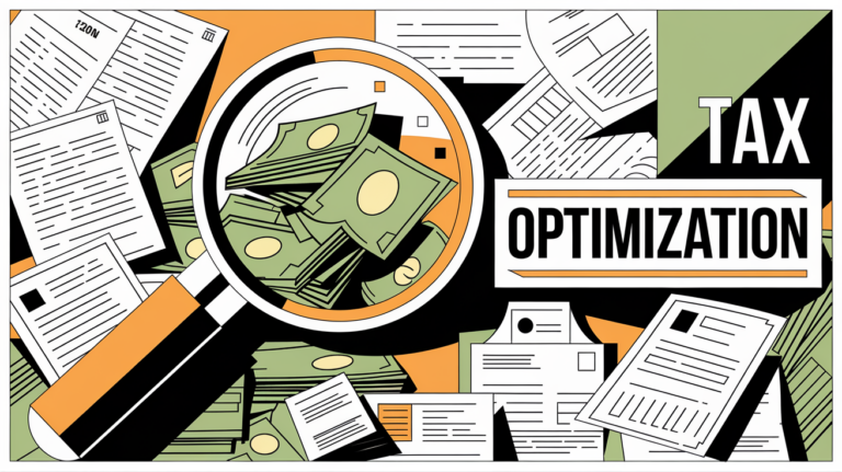 A graphic illustration of a magnifying glass inspecting financial documents and money, with the text "Tax Optimization."