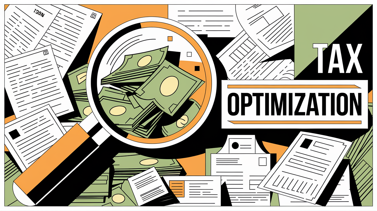 A graphic illustration of a magnifying glass inspecting financial documents and money, with the text "Tax Optimization."