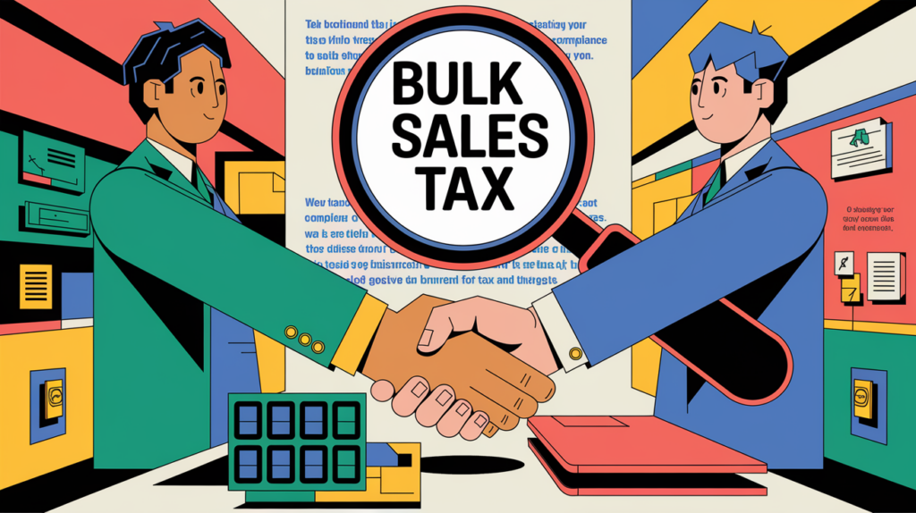 A block illustration showing a handshake between a business owner and a buyer, with a magnifying glass examining the transaction for bulk sales tax compliance.