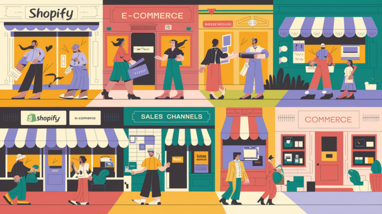 A vibrant block illustration depicting a bustling online marketplace with various storefronts representing different sales channels.