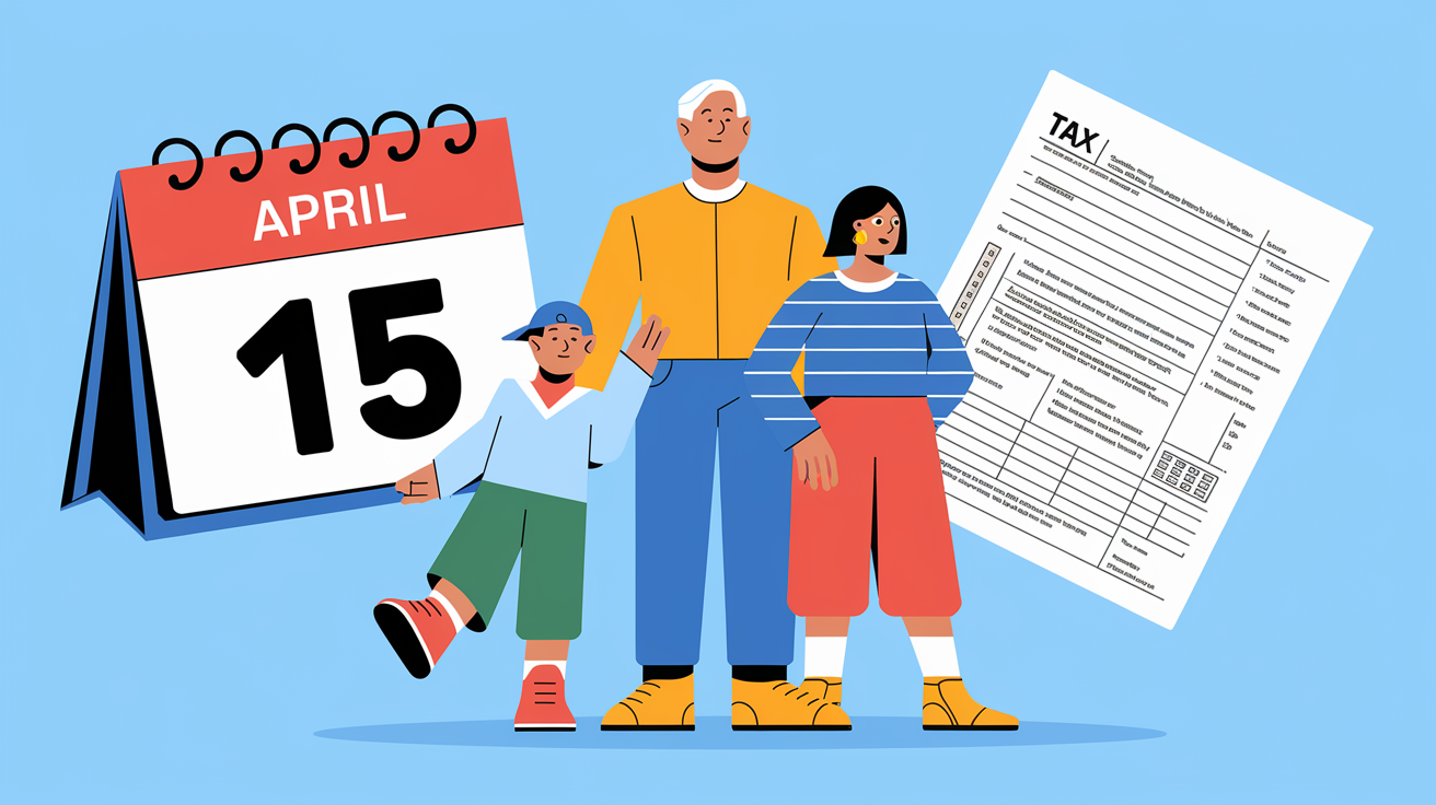 Advertising illustration of a family with a tax return form, calendar, and the keyword "Refund."