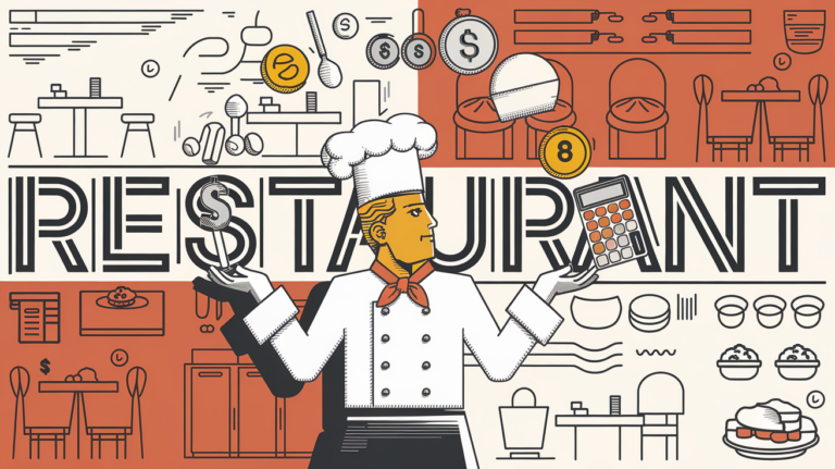 A chef juggling financial symbols and kitchen tools, representing the challenges of restaurant financial management.