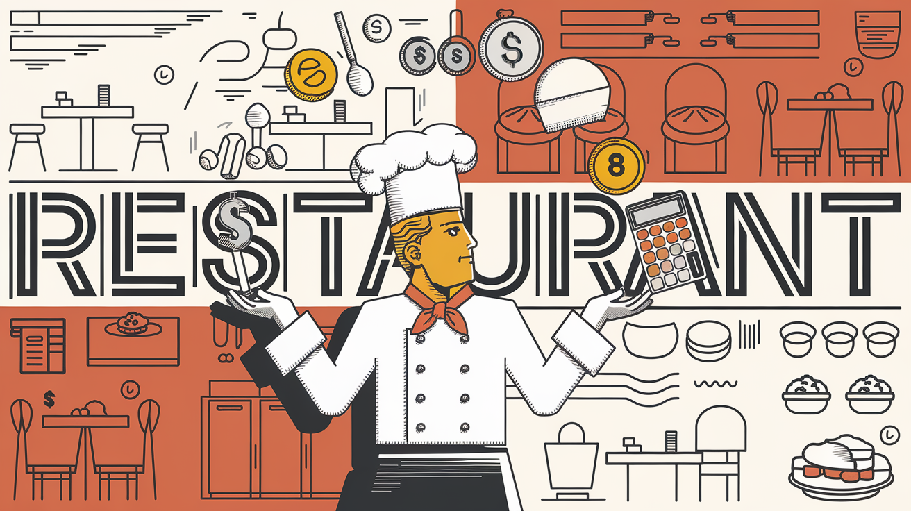 A chef juggling financial symbols and kitchen tools, representing the challenges of restaurant financial management.