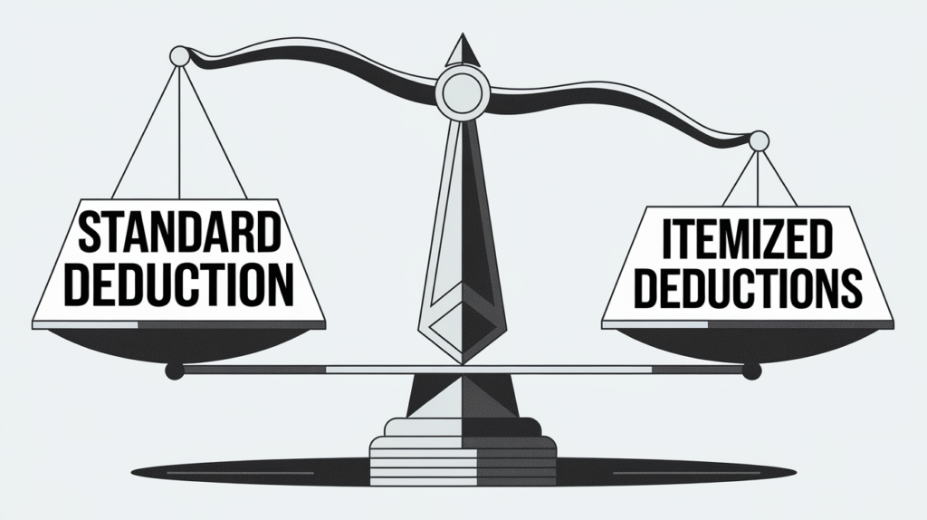 Block illustration of a balance scale with "Standard Deduction" on one side and "Itemized Deductions" on the other.