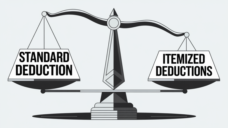 Block illustration of a balance scale with "Standard Deduction" on one side and "Itemized Deductions" on the other.