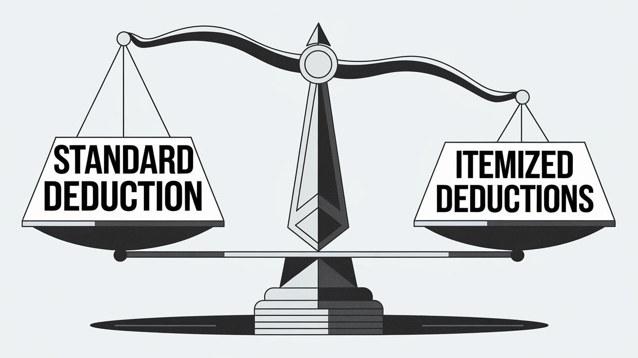 Block illustration of a balance scale with "Standard Deduction" on one side and "Itemized Deductions" on the other.