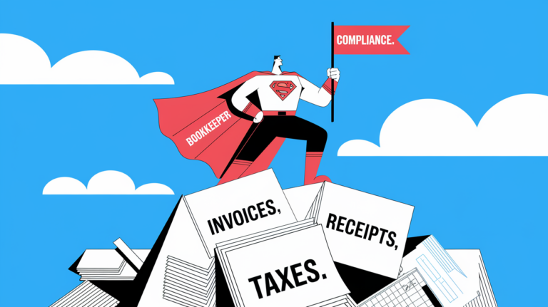 A superhero labeled "Bookkeeper" standing on a mountain of paperwork.