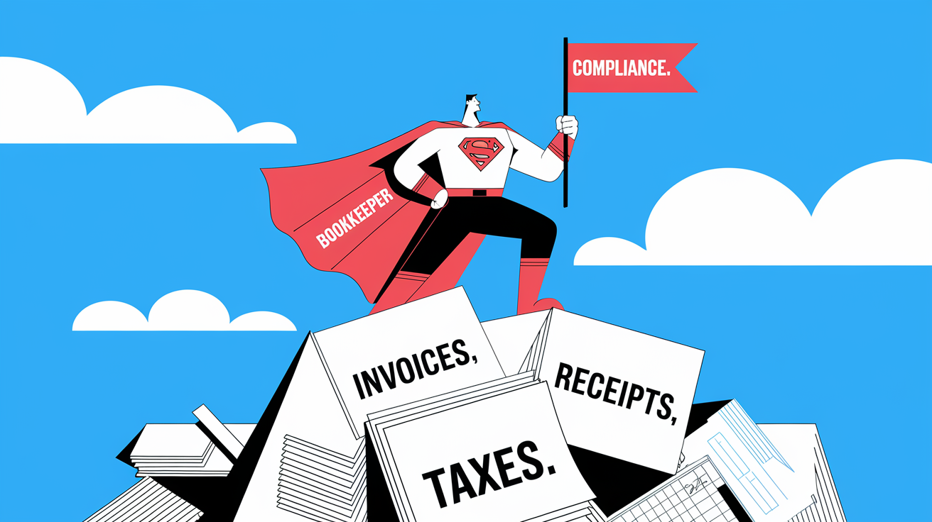 A superhero labeled "Bookkeeper" standing on a mountain of paperwork.