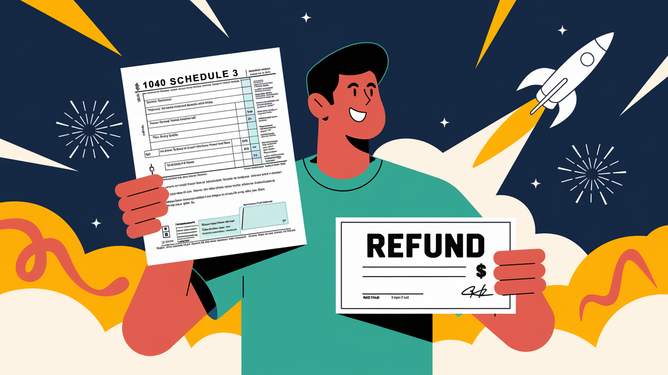 An advertising illustration of a happy taxpayer holding a completed Form 1040 Schedule 3 and a refund check, with the keyword "Refund" prominently displayed.