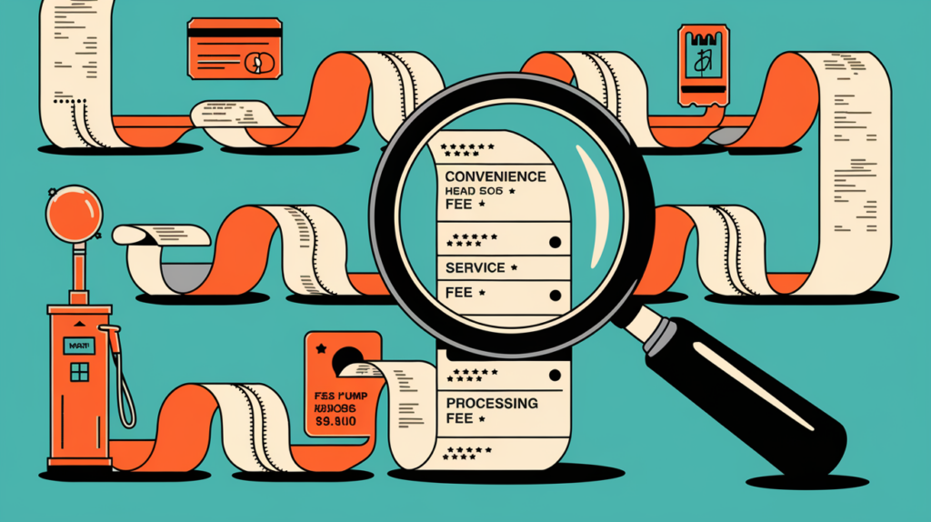 A magnifying glass inspecting a receipt with hidden fees.