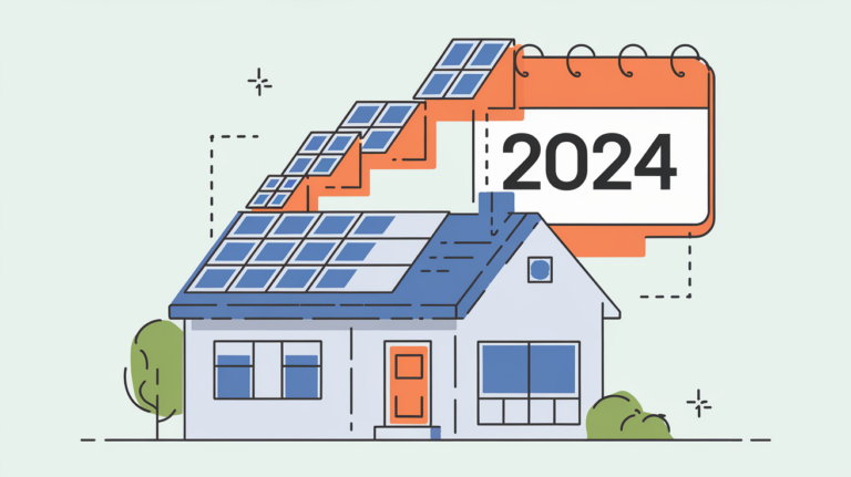 A house with expanding solar panels and a calendar showing the year 2024.