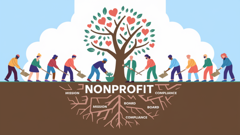People planting a tree labeled "Nonprofit."