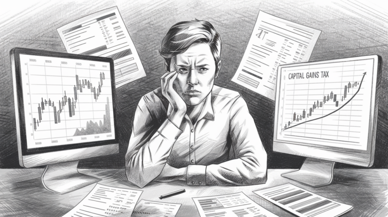 Pencil illustration of a person reviewing financial documents and a stock market chart, representing the complexities of investment tax planning.